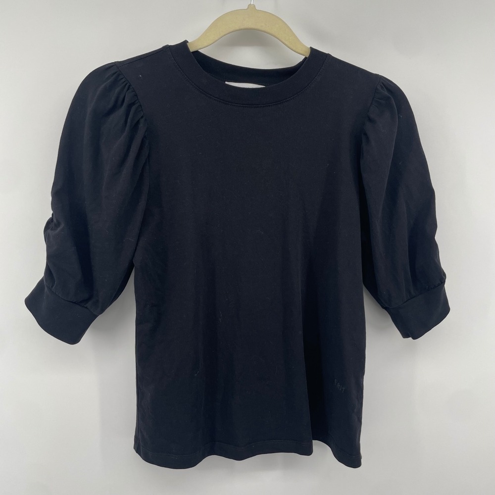 FRAME Puff Sleeve Top Womens Small Black Ruched Elbow Sleeve Crew Neck Tee FRM